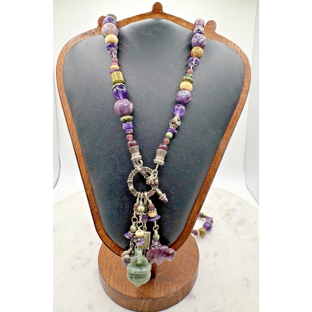 Vintage Amethyst Necklace Silver with Jade Amethyst Sterling Silver Charms Clasp
